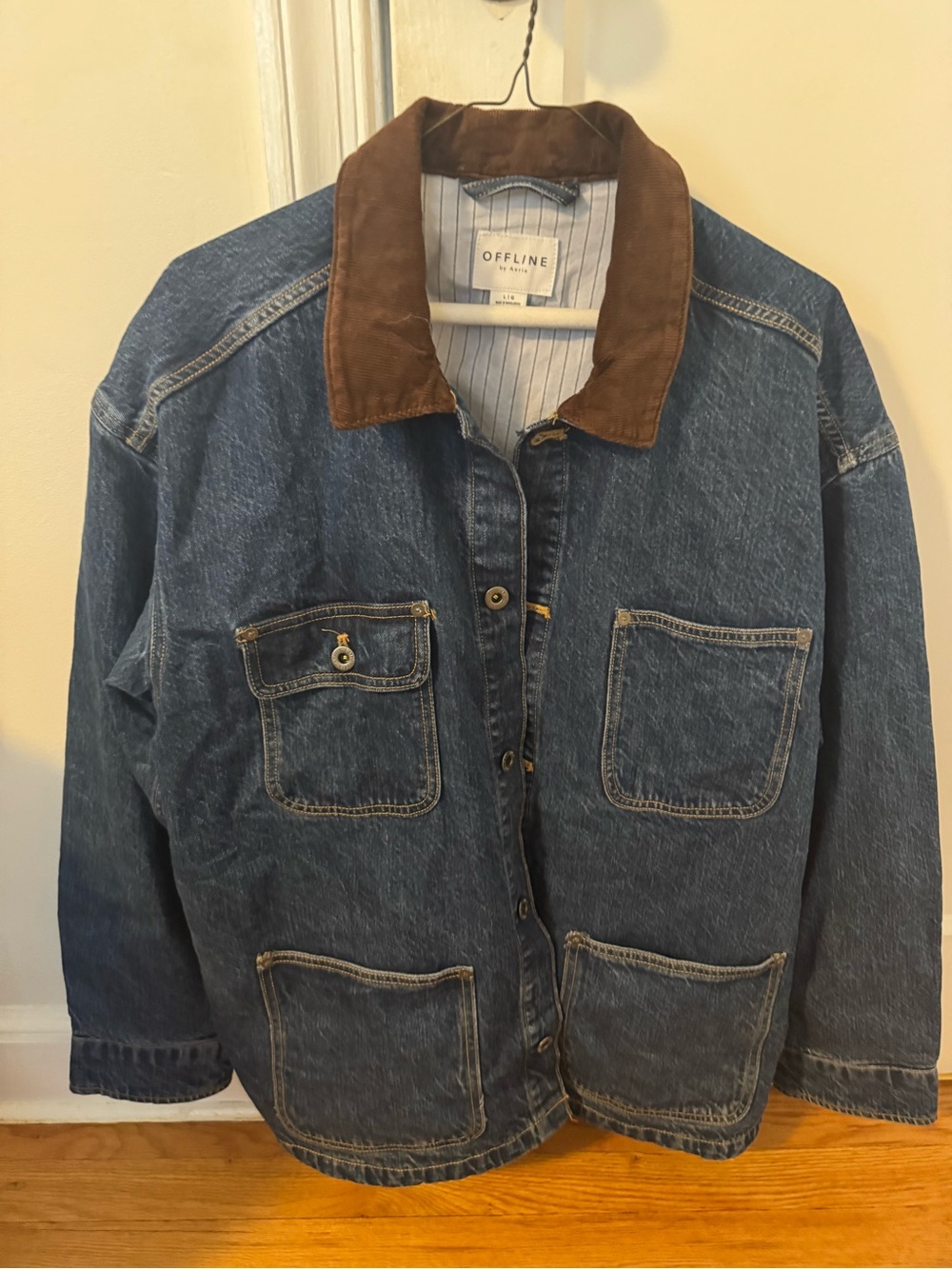 Women’s offline by Aerie Blue Denim Jacket with Brown Corduroy Collar